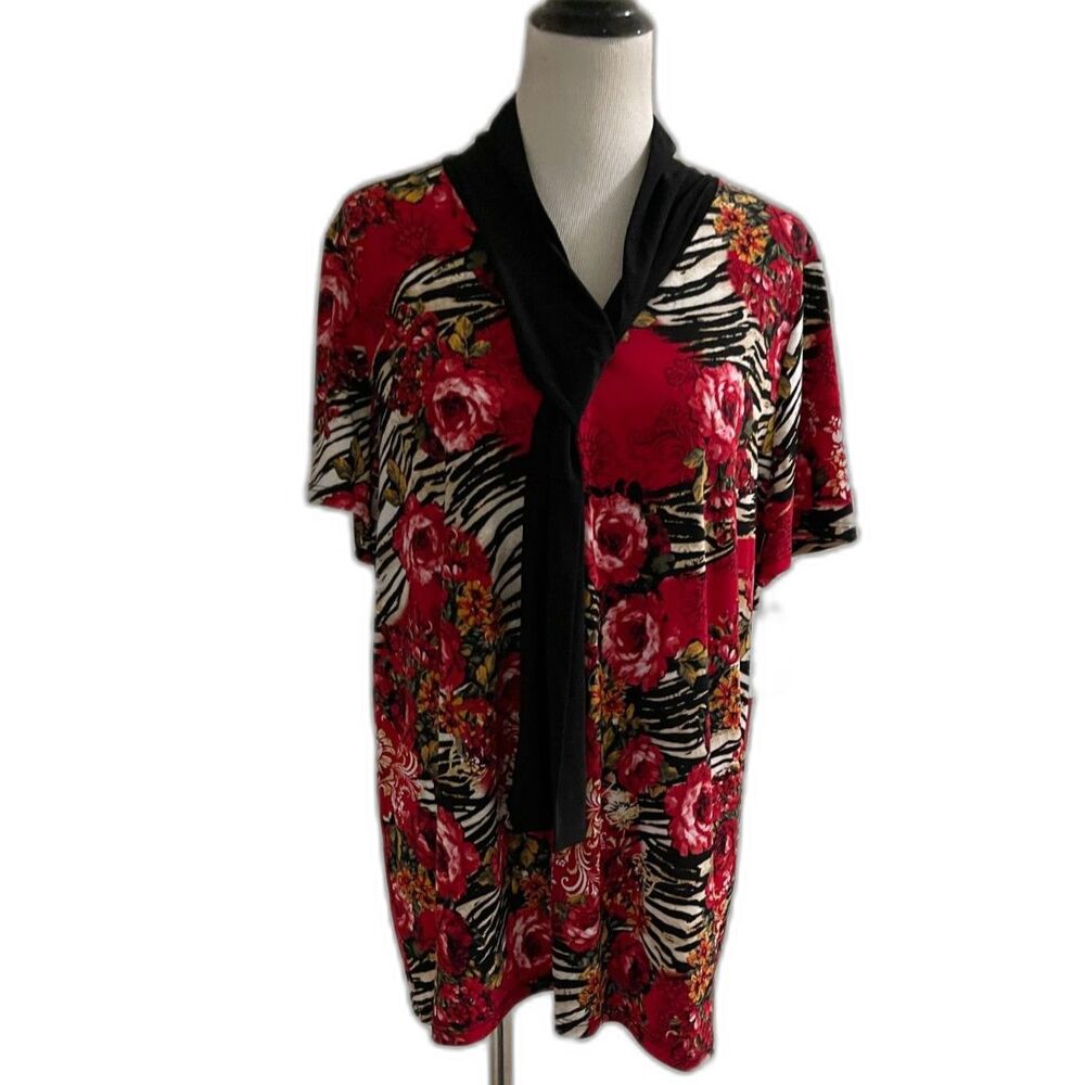 New Elan & Grace Plus Size Floral Red Black Multi Blouse Tie Neck Stretch 2X